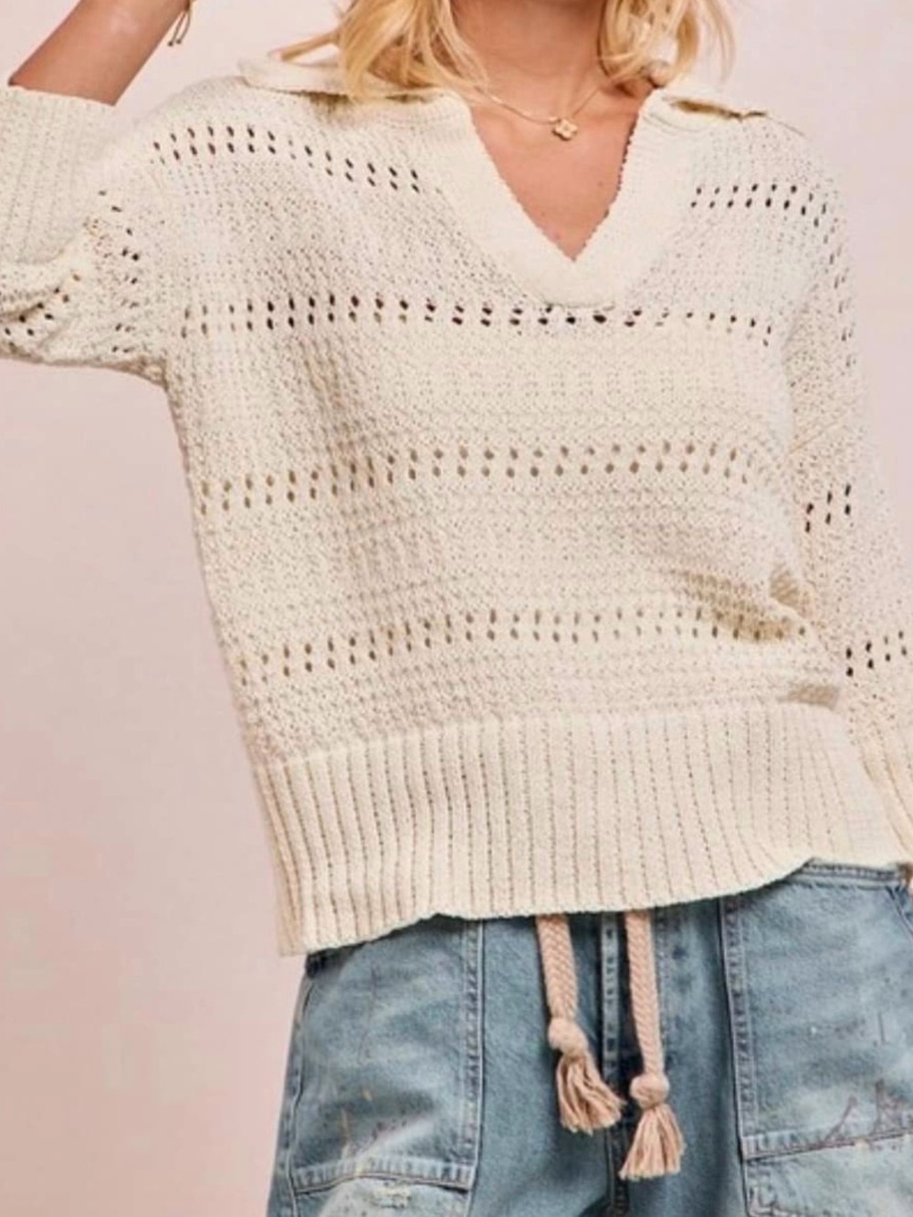 NEW H&M Cream Cotton Blend Polo Collar V-Neck Pointelle Knit Sweater Sz M NWT